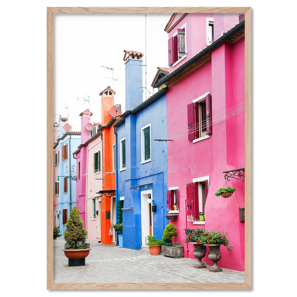 Burano Village Terraces II - Art Print by Victoria's Stories, Poster, Stretched Canvas, or Framed Wall Art Print, shown in a natural timber frame