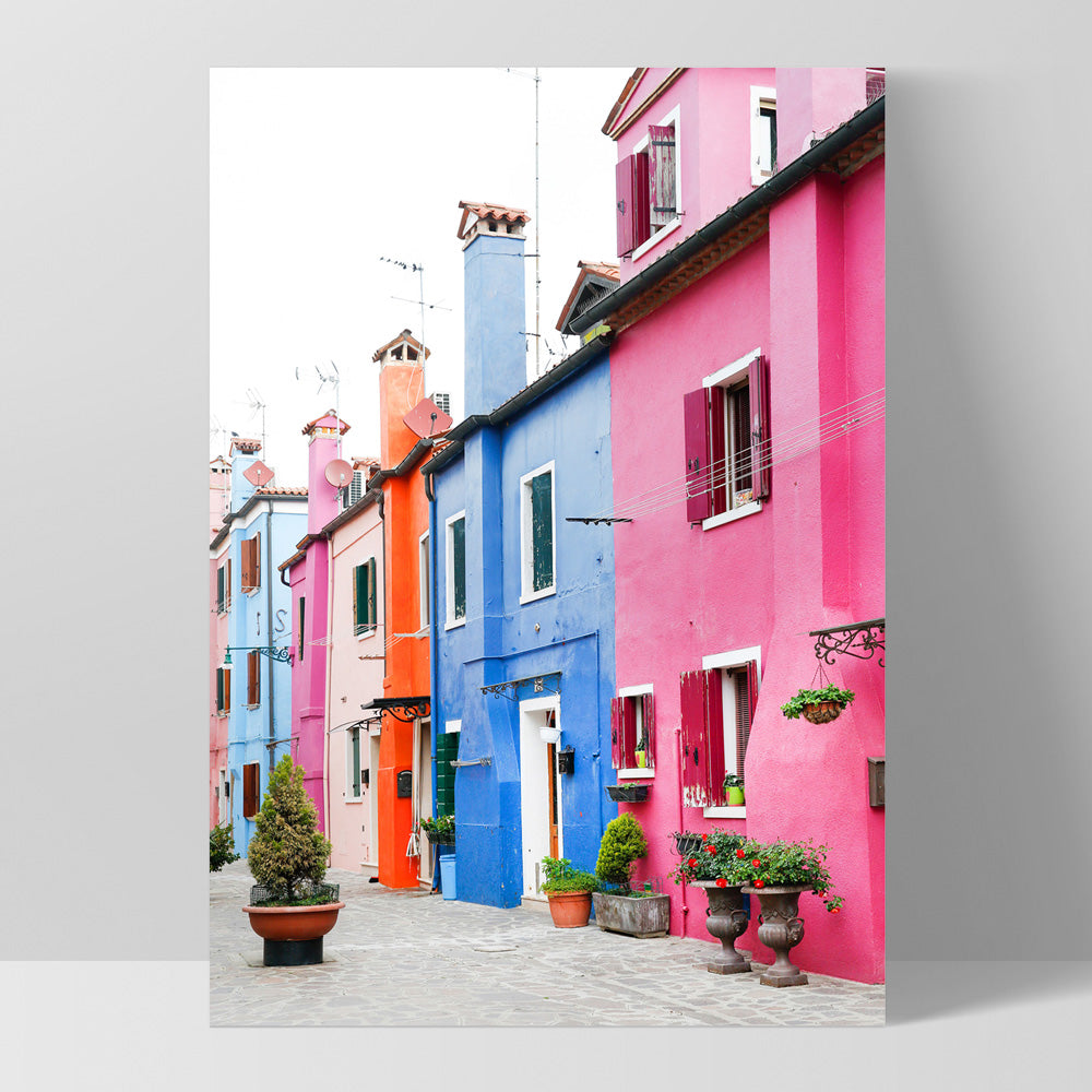 Burano Village Terraces II - Art Print by Victoria's Stories, Poster, Stretched Canvas, or Framed Wall Art Print, shown as a stretched canvas or poster without a frame
