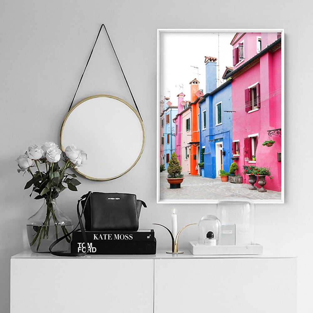 Burano Village Terraces II - Art Print by Victoria's Stories, Poster, Stretched Canvas or Framed Wall Art Prints, shown framed in a room