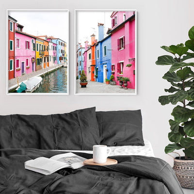 Burano Village Terraces II - Art Print by Victoria's Stories, Poster, Stretched Canvas or Framed Wall Art, shown framed in a home interior space