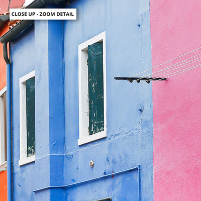 Burano Village Terraces II - Art Print by Victoria's Stories, Poster, Stretched Canvas or Framed Wall Art, Close up View of Print Resolution