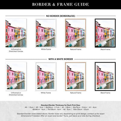 Burano Village Terraces III - Art Print by Victoria's Stories, Poster, Stretched Canvas or Framed Wall Art, Showing White , Black, Natural Frame Colours, No Frame (Unframed) or Stretched Canvas, and With or Without White Borders