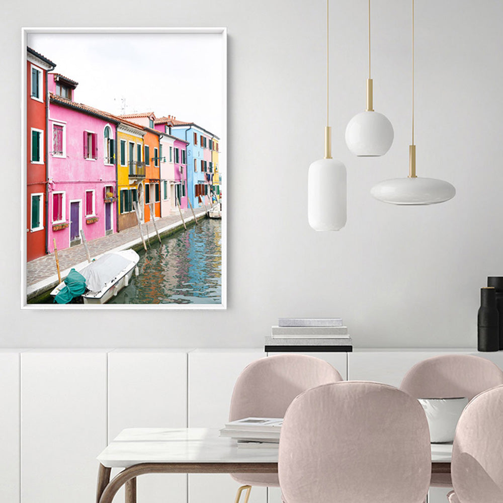Burano Village Terraces III - Art Print by Victoria's Stories, Poster, Stretched Canvas or Framed Wall Art Prints, shown framed in a room