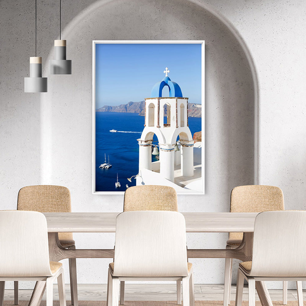 Santorini Blue Dome Church I - Art Print by Victoria's Stories, Poster, Stretched Canvas or Framed Wall Art Prints, shown framed in a room