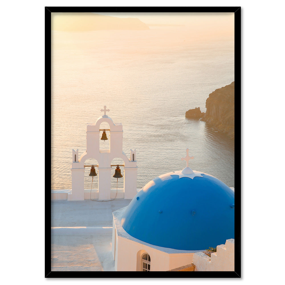 Santorini Blue Dome Church & Bells- Art Print by Victoria's Stories, Poster, Stretched Canvas, or Framed Wall Art Print, shown in a black frame
