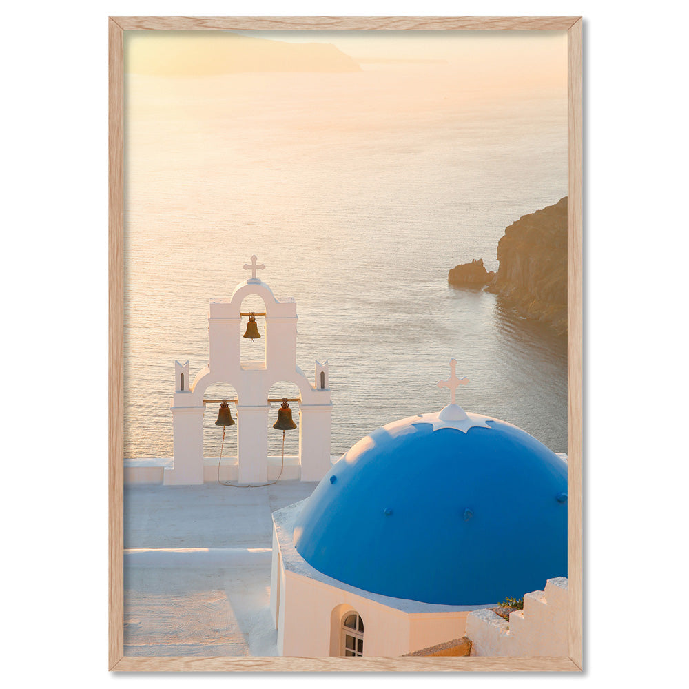 Santorini Blue Dome Church & Bells- Art Print by Victoria's Stories, Poster, Stretched Canvas, or Framed Wall Art Print, shown in a natural timber frame