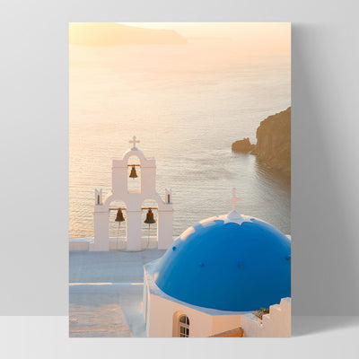 Santorini Blue Dome Church & Bells- Art Print by Victoria's Stories, Poster, Stretched Canvas, or Framed Wall Art Print, shown as a stretched canvas or poster without a frame