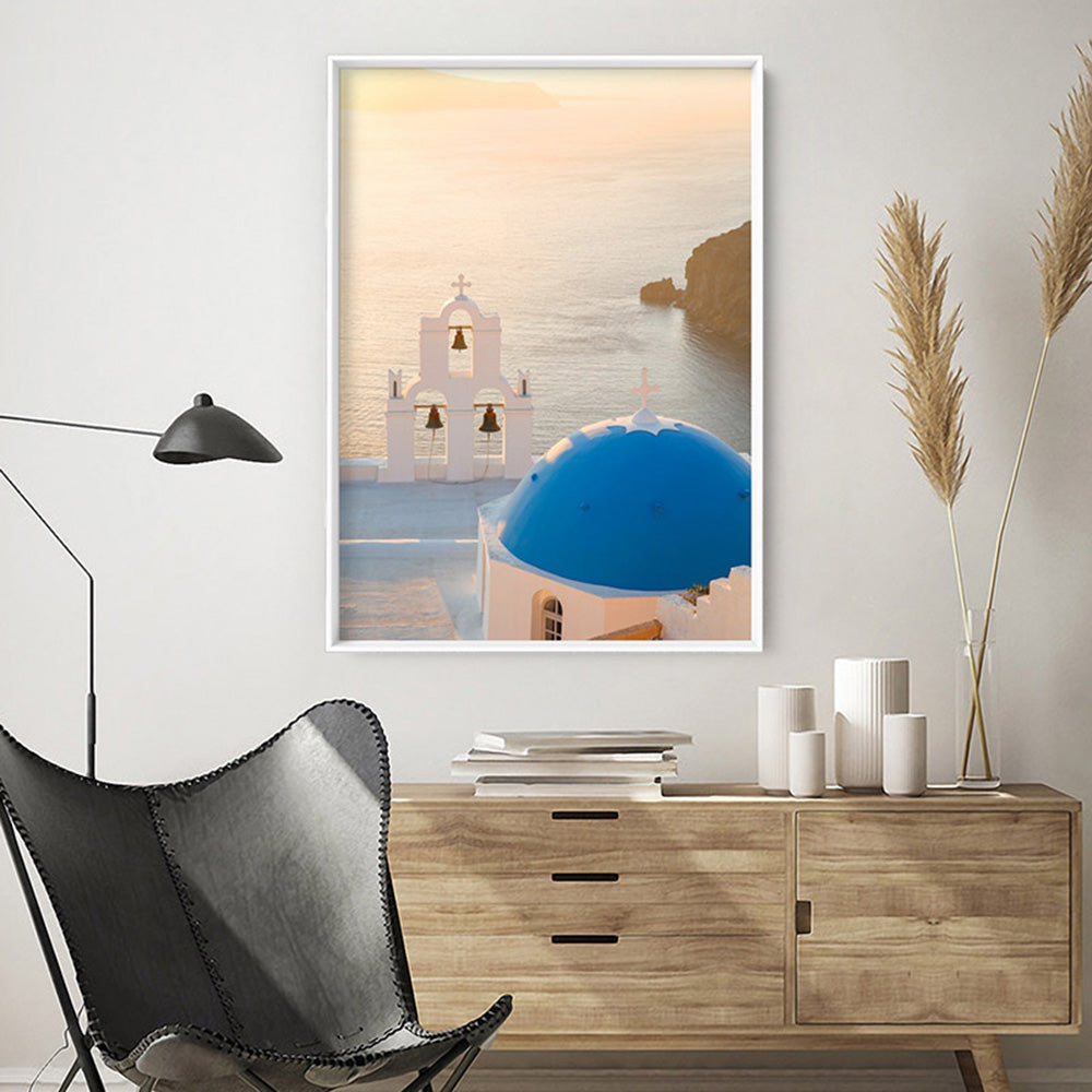 Santorini Blue Dome Church & Bells- Art Print by Victoria's Stories, Poster, Stretched Canvas or Framed Wall Art Prints, shown framed in a room
