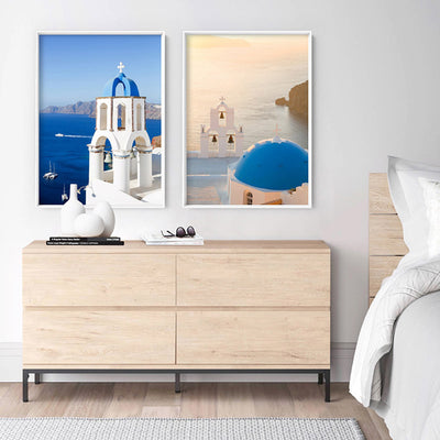 Santorini Blue Dome Church & Bells- Art Print by Victoria's Stories, Poster, Stretched Canvas or Framed Wall Art, shown framed in a home interior space