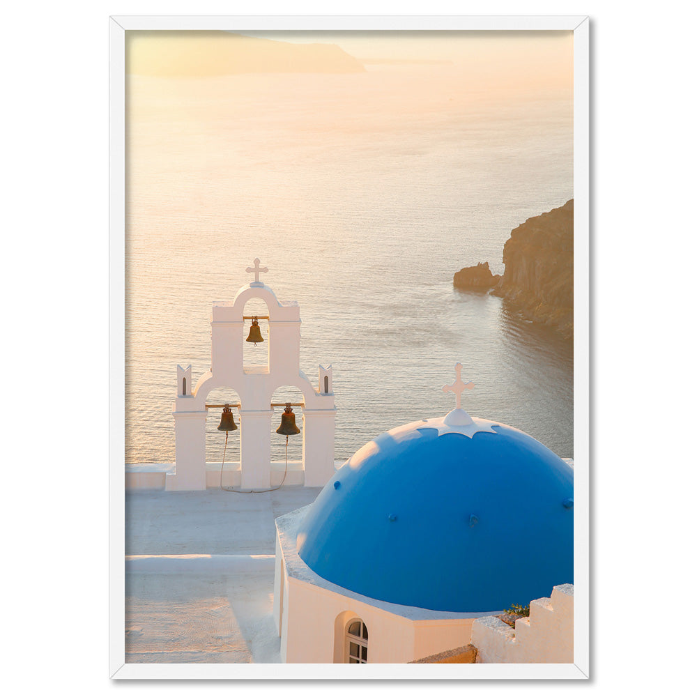Santorini Blue Dome Church & Bells- Art Print by Victoria's Stories, Poster, Stretched Canvas, or Framed Wall Art Print, shown in a white frame