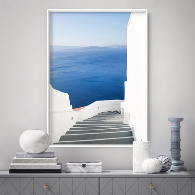 Santorini | Stairway to Ocean - Art Print by Victoria's Stories, Poster, Stretched Canvas or Framed Wall Art Prints, shown framed in a room