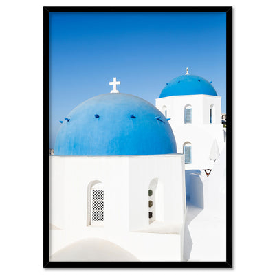 Santorini Blue Dome Church II - Art Print by Victoria's Stories, Poster, Stretched Canvas, or Framed Wall Art Print, shown in a black frame