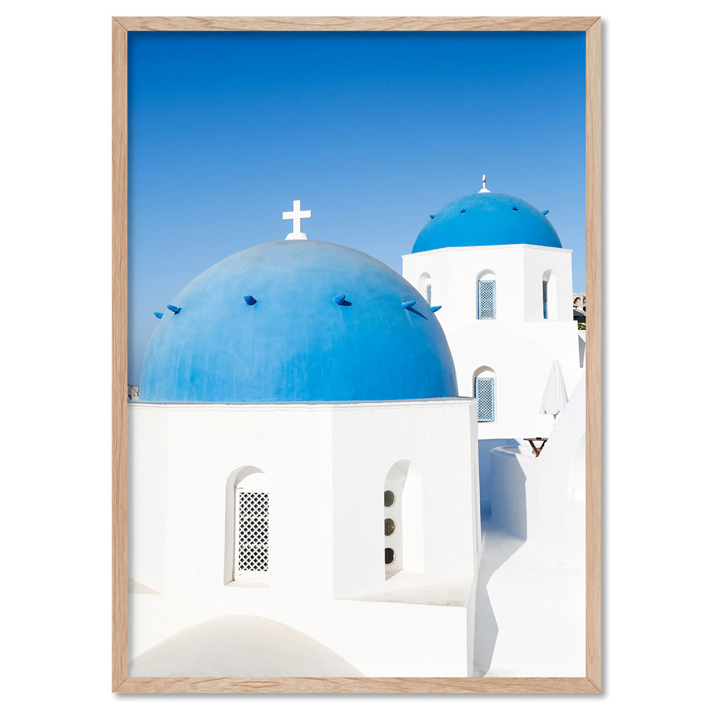 Santorini Blue Dome Church II - Art Print by Victoria's Stories, Poster, Stretched Canvas, or Framed Wall Art Print, shown in a natural timber frame