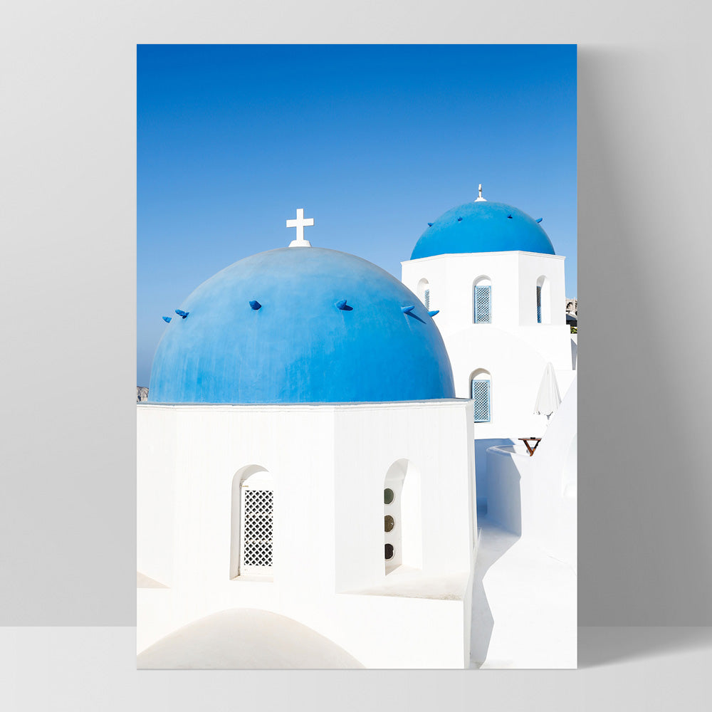 Santorini Blue Dome Church II - Art Print by Victoria's Stories, Poster, Stretched Canvas, or Framed Wall Art Print, shown as a stretched canvas or poster without a frame