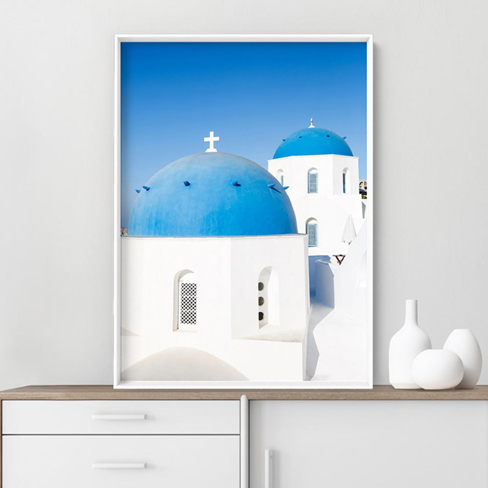 Santorini Blue Dome Church II - Art Print by Victoria's Stories, Poster, Stretched Canvas or Framed Wall Art Prints, shown framed in a room
