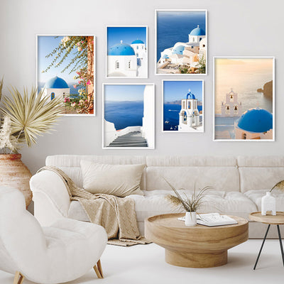Santorini Blue Dome Church II - Art Print by Victoria's Stories, Poster, Stretched Canvas or Framed Wall Art, shown framed in a home interior space