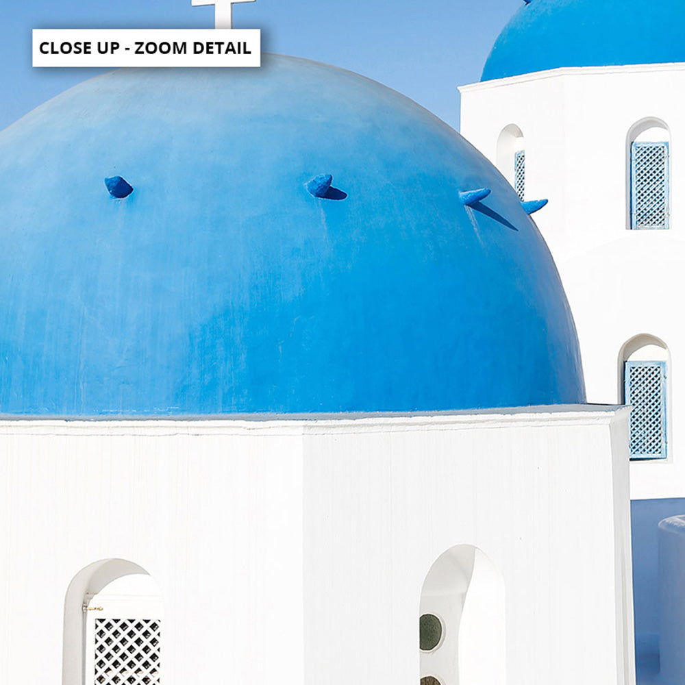 Santorini Blue Dome Church II - Art Print by Victoria's Stories, Poster, Stretched Canvas or Framed Wall Art, Close up View of Print Resolution