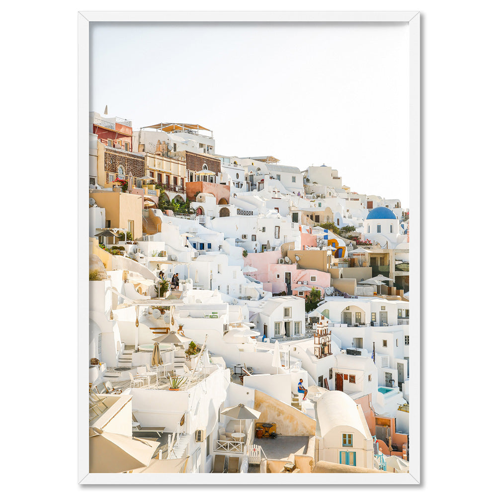 Pastel Santorini View I - Art Print by Victoria's Stories, Poster, Stretched Canvas, or Framed Wall Art Print, shown in a white frame