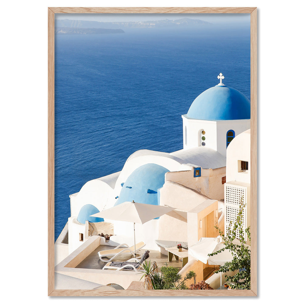 Santorini Greece View I - Art Print by Victoria's Stories, Poster, Stretched Canvas, or Framed Wall Art Print, shown in a natural timber frame