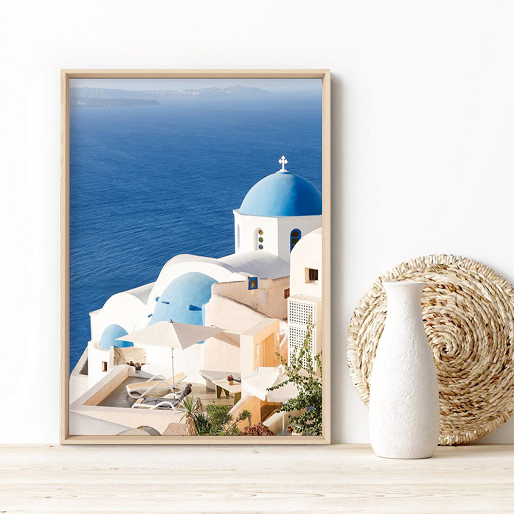 Santorini Greece View I - Art Print by Victoria's Stories, Poster, Stretched Canvas or Framed Wall Art Prints, shown framed in a room