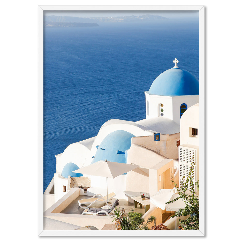 Santorini Greece View I - Art Print by Victoria's Stories, Poster, Stretched Canvas, or Framed Wall Art Print, shown in a white frame