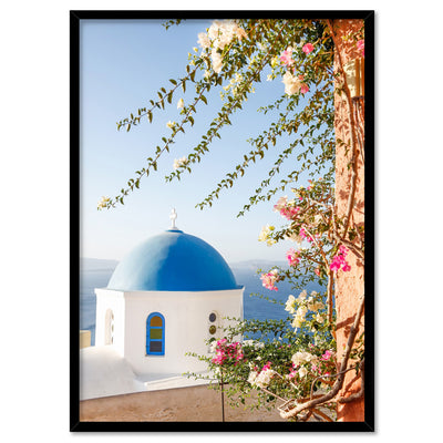 Santorini Greece View II - Art Print by Victoria's Stories, Poster, Stretched Canvas, or Framed Wall Art Print, shown in a black frame