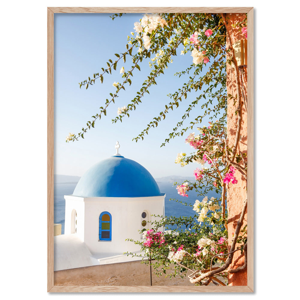 Santorini Greece View II - Art Print by Victoria's Stories, Poster, Stretched Canvas, or Framed Wall Art Print, shown in a natural timber frame