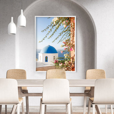 Santorini Greece View II - Art Print by Victoria's Stories, Poster, Stretched Canvas or Framed Wall Art Prints, shown framed in a room