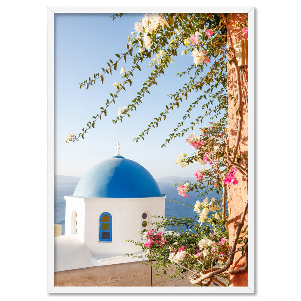 Santorini Greece View II - Art Print by Victoria's Stories, Poster, Stretched Canvas, or Framed Wall Art Print, shown in a white frame