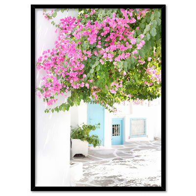 Pastel Door in Greece I - Art Print by Victoria's Stories, Poster, Stretched Canvas, or Framed Wall Art Print, shown in a black frame