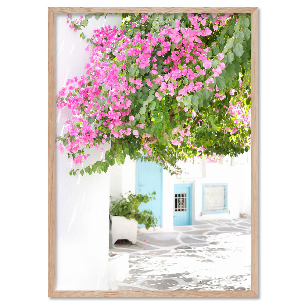 Pastel Door in Greece I - Art Print by Victoria's Stories, Poster, Stretched Canvas, or Framed Wall Art Print, shown in a natural timber frame