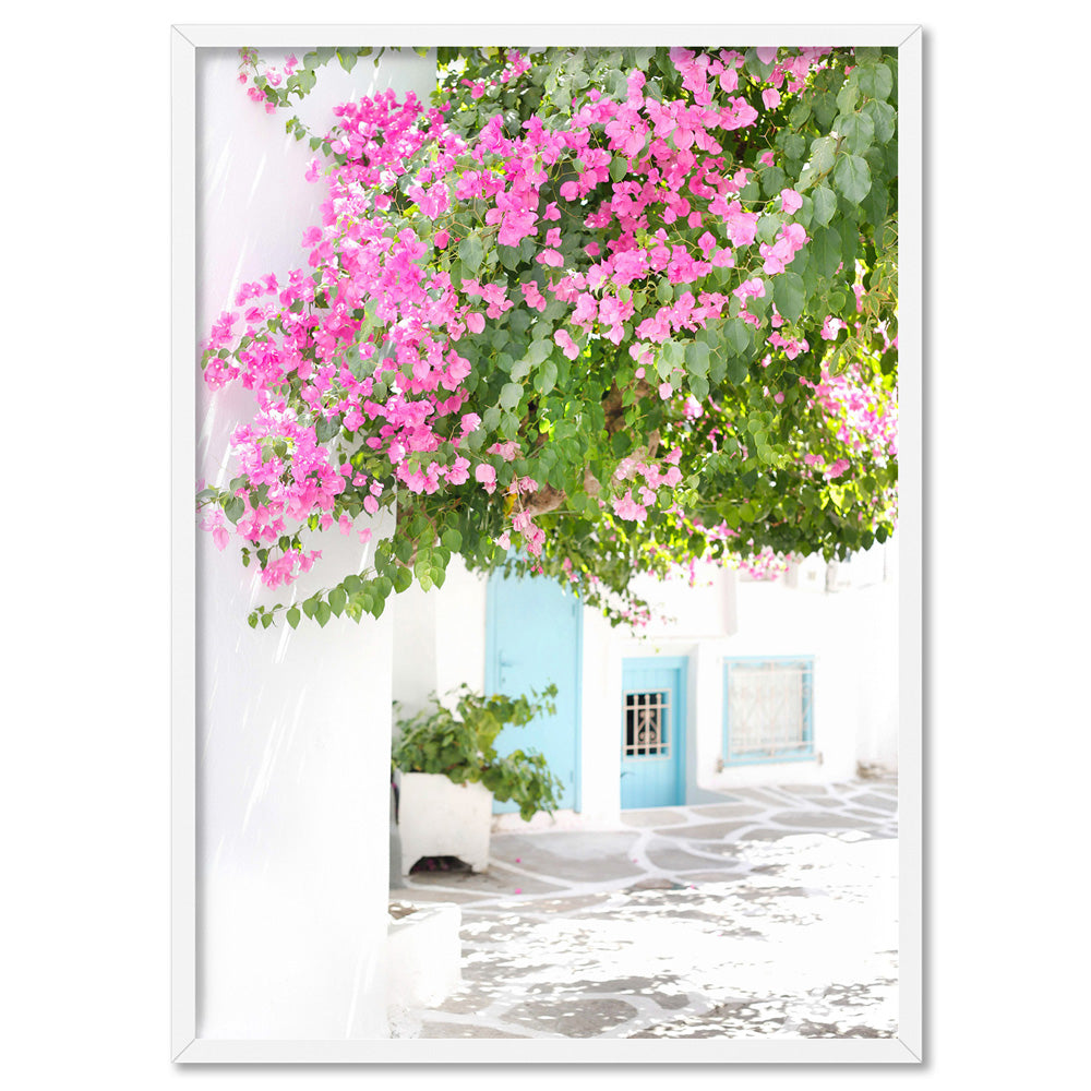 Coastal Santorini Art Print. Pink Bougainvillea. Blue Doors. Greek ...