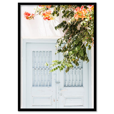 Pastel Door in Greece II - Art Print by Victoria's Stories, Poster, Stretched Canvas, or Framed Wall Art Print, shown in a black frame