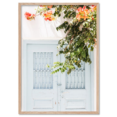 Pastel Door in Greece II - Art Print by Victoria's Stories, Poster, Stretched Canvas, or Framed Wall Art Print, shown in a natural timber frame