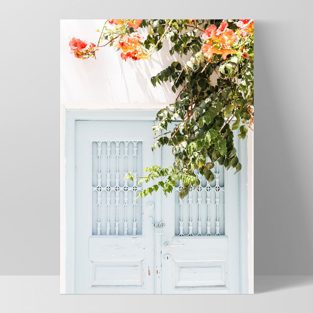 Pastel Door in Greece II - Art Print by Victoria's Stories, Poster, Stretched Canvas, or Framed Wall Art Print, shown as a stretched canvas or poster without a frame
