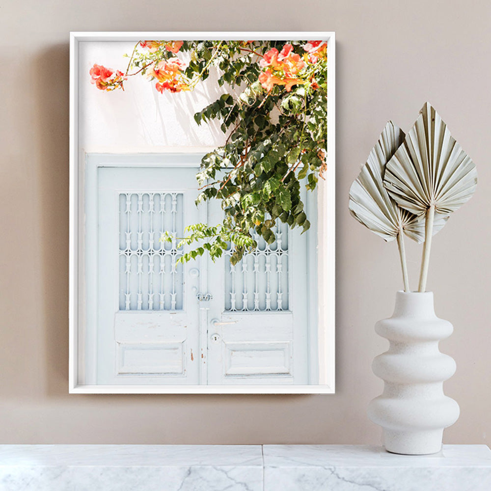 Pastel Door in Greece II - Art Print by Victoria's Stories, Poster, Stretched Canvas or Framed Wall Art Prints, shown framed in a room