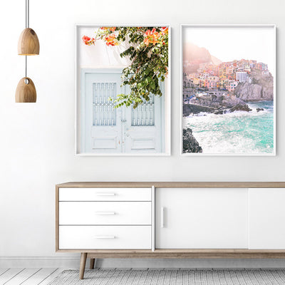 Pastel Door in Greece II - Art Print by Victoria's Stories, Poster, Stretched Canvas or Framed Wall Art, shown framed in a home interior space