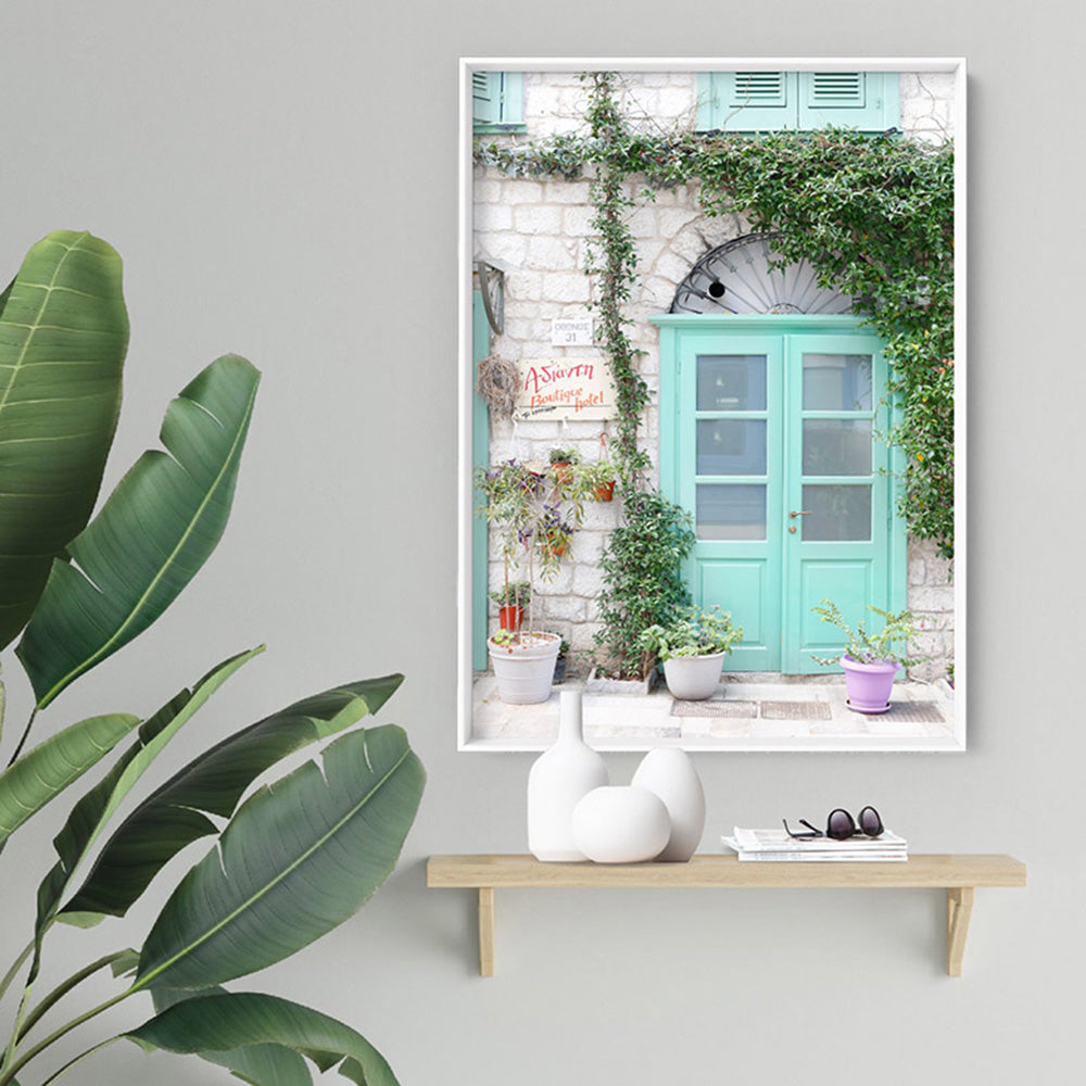 Pastel Door in Greece III - Art Print by Victoria's Stories, Poster, Stretched Canvas or Framed Wall Art Prints, shown framed in a room