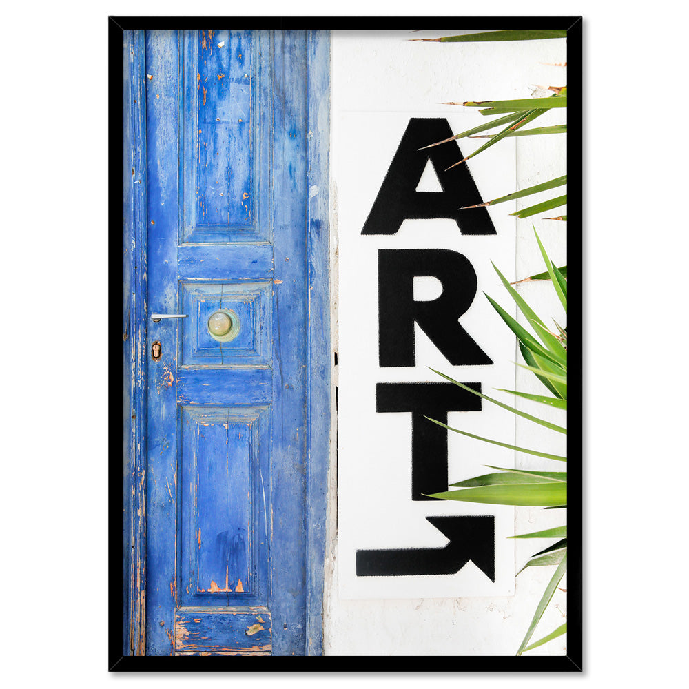 ART Santorini - Art Print by Victoria's Stories, Poster, Stretched Canvas, or Framed Wall Art Print, shown in a black frame