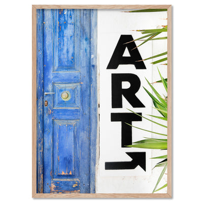 ART Santorini - Art Print by Victoria's Stories, Poster, Stretched Canvas, or Framed Wall Art Print, shown in a natural timber frame