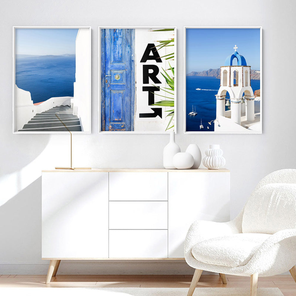 ART Santorini - Art Print by Victoria's Stories, Poster, Stretched Canvas or Framed Wall Art, shown framed in a home interior space