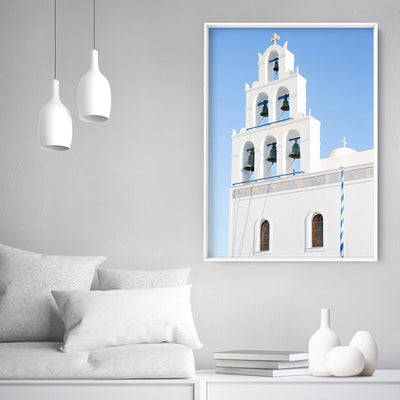 Santorini Blue Dome Church Bells - Art Print by Victoria's Stories, Poster, Stretched Canvas or Framed Wall Art Prints, shown framed in a room