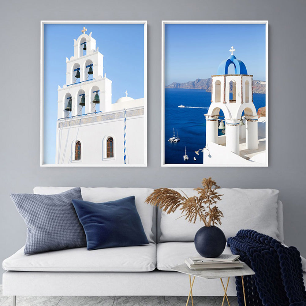 Santorini Blue Dome Church Bells - Art Print by Victoria's Stories, Poster, Stretched Canvas or Framed Wall Art, shown framed in a home interior space