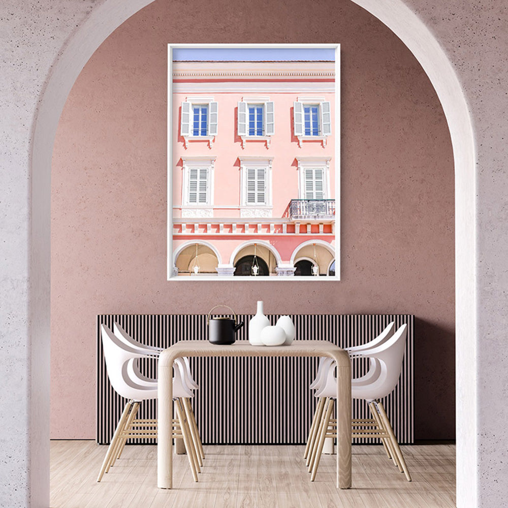 Pretty Pink Hotel France I - Art Print by Victoria's Stories, Poster, Stretched Canvas or Framed Wall Art Prints, shown framed in a room