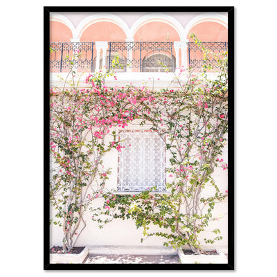 French Villa in Spring - Art Print by Victoria's Stories, Poster, Stretched Canvas, or Framed Wall Art Print, shown in a black frame