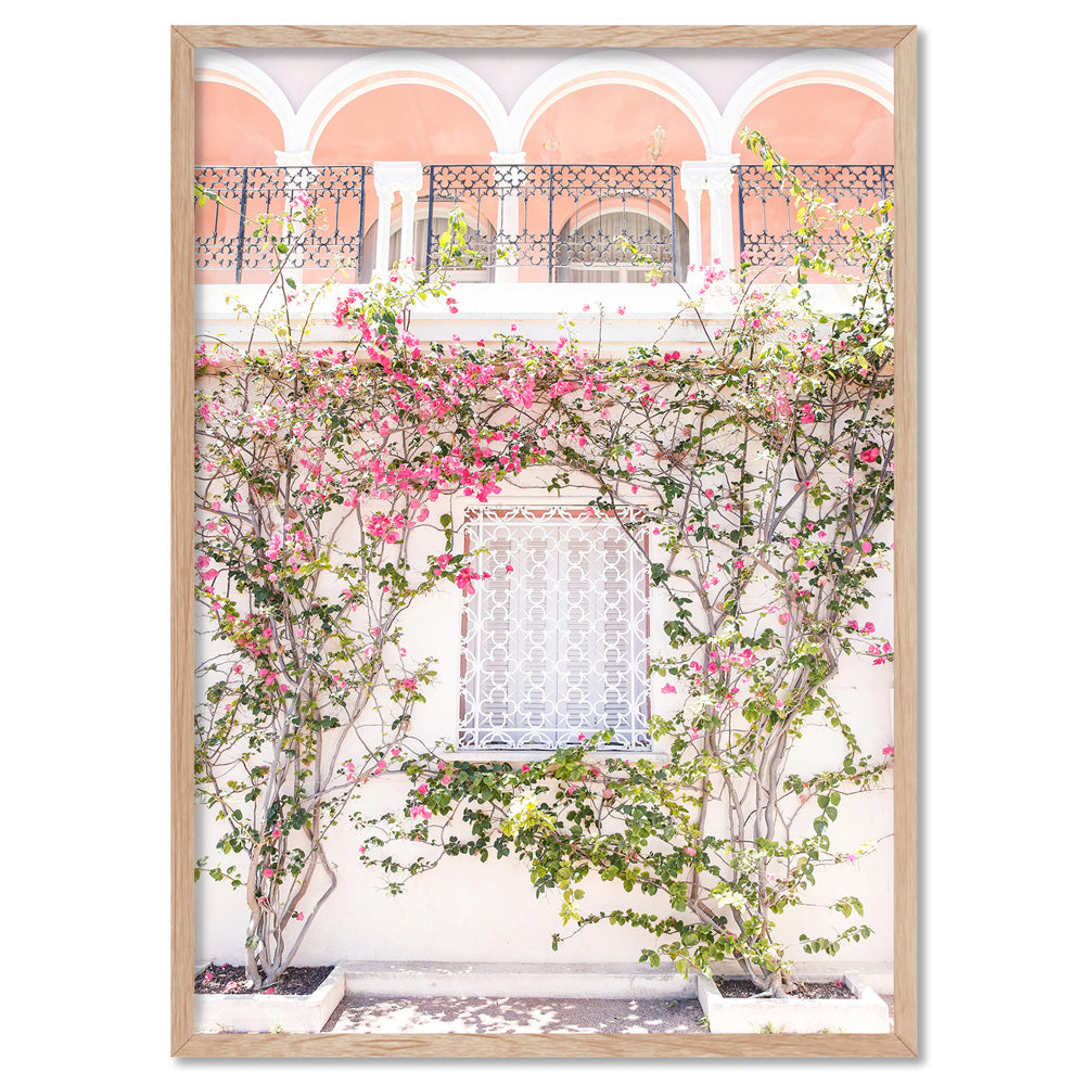 French Villa in Spring - Art Print by Victoria's Stories, Poster, Stretched Canvas, or Framed Wall Art Print, shown in a natural timber frame