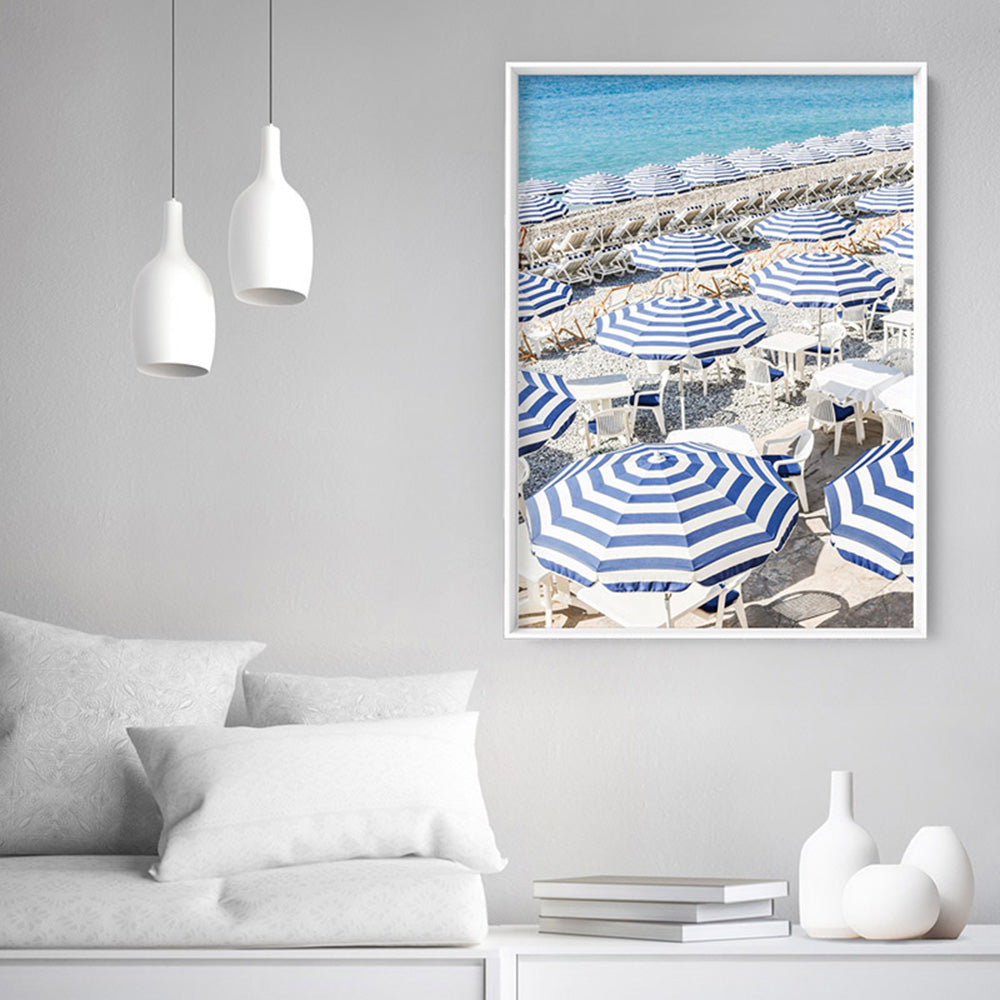 Amalfi Seaside Umbrellas I - Art Print by Victoria's Stories, Poster, Stretched Canvas or Framed Wall Art Prints, shown framed in a room