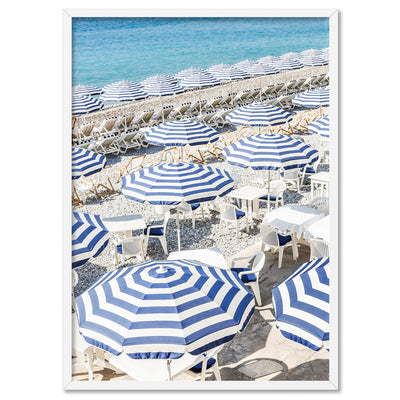 Amalfi Seaside Umbrellas I - Art Print by Victoria's Stories, Poster, Stretched Canvas, or Framed Wall Art Print, shown in a white frame