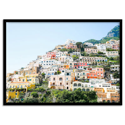 Positano Cliffside Views I - Art Print by Victoria's Stories, Poster, Stretched Canvas, or Framed Wall Art Print, shown in a black frame