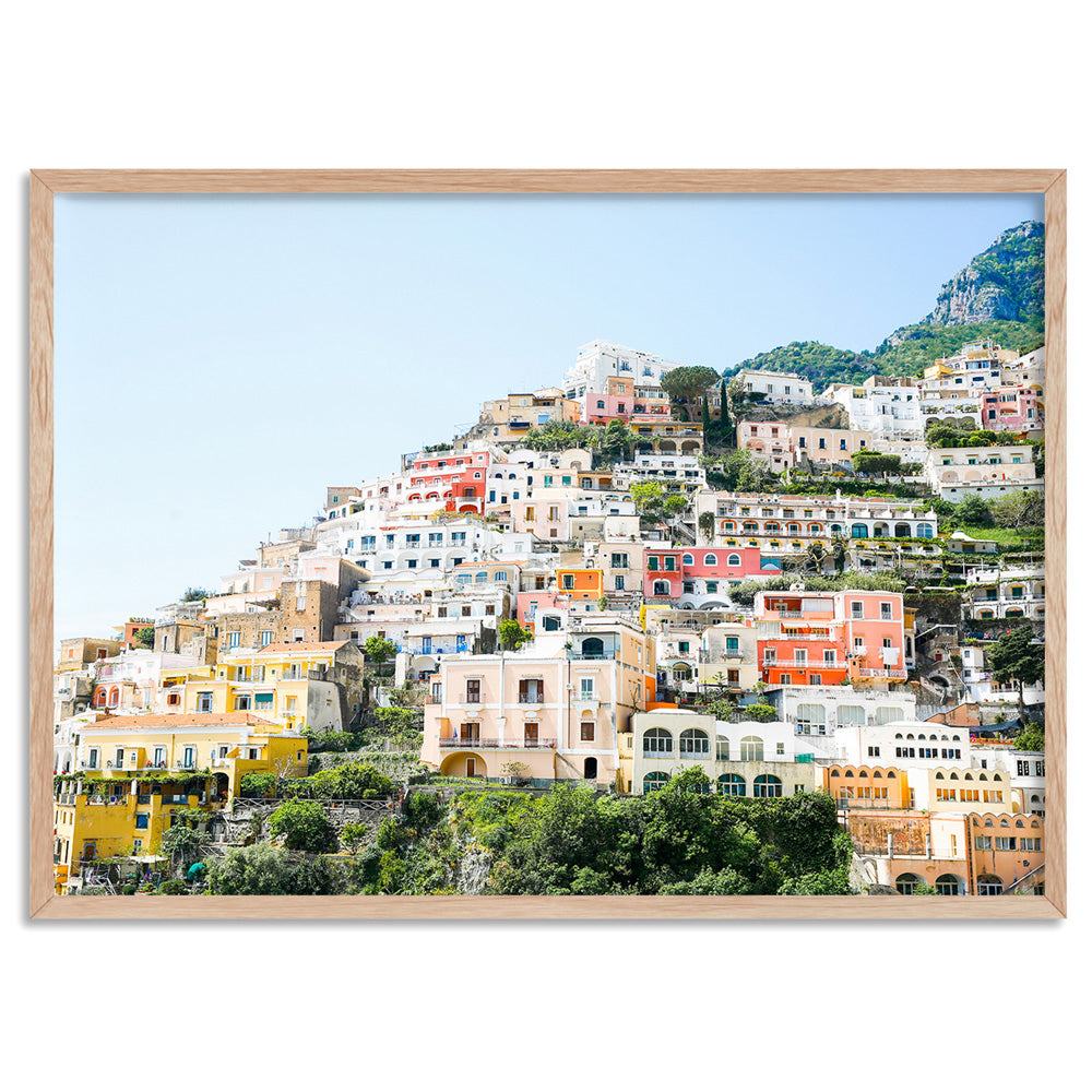 Positano Cliffside Views I - Art Print by Victoria's Stories, Poster, Stretched Canvas, or Framed Wall Art Print, shown in a natural timber frame